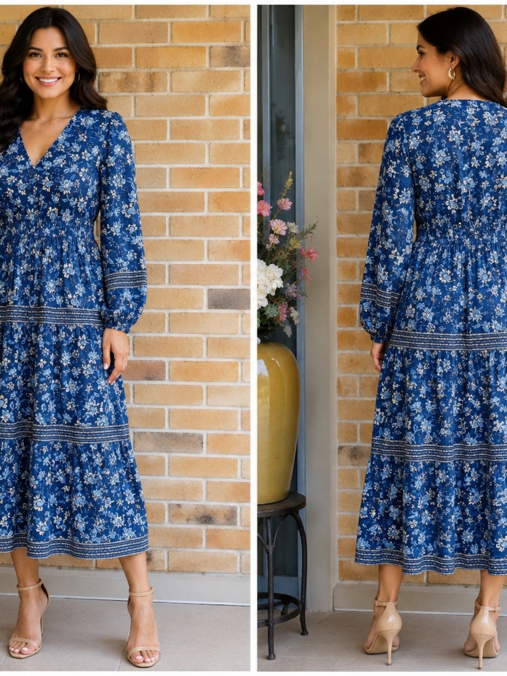 LOFT Blue Floral Long-Sleeve Midi Dress